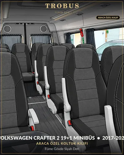 Volkswagen Crafter 2 2017-2026 19+1 Minibüs Araca Özel Koltuk Kılıfı Füme Gövde Siyah Deri