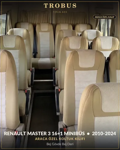 Renault Master 3 2010-2024 16+1 Minibüs Araca Özel Koltuk Kılıfı Bej Gövde Bej Deri