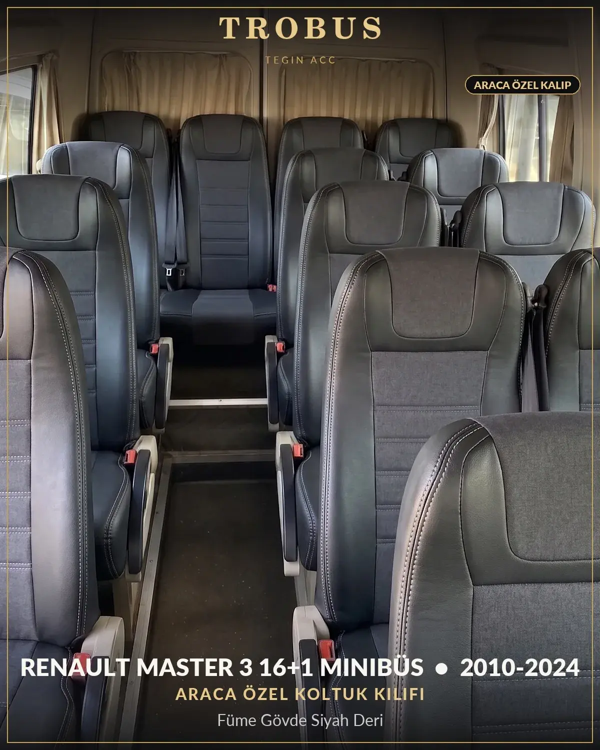 Renault Master 3 2010-2024 16+1 Minibüs Araca Özel Koltuk Kılıfı Füme Gövde Siyah Deri (1)
