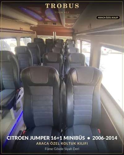 Citroen Jumper 2006-2014 16+1 Minibüs Araca Özel Koltuk Kılıfı Füme Gövde Siyah Deri
