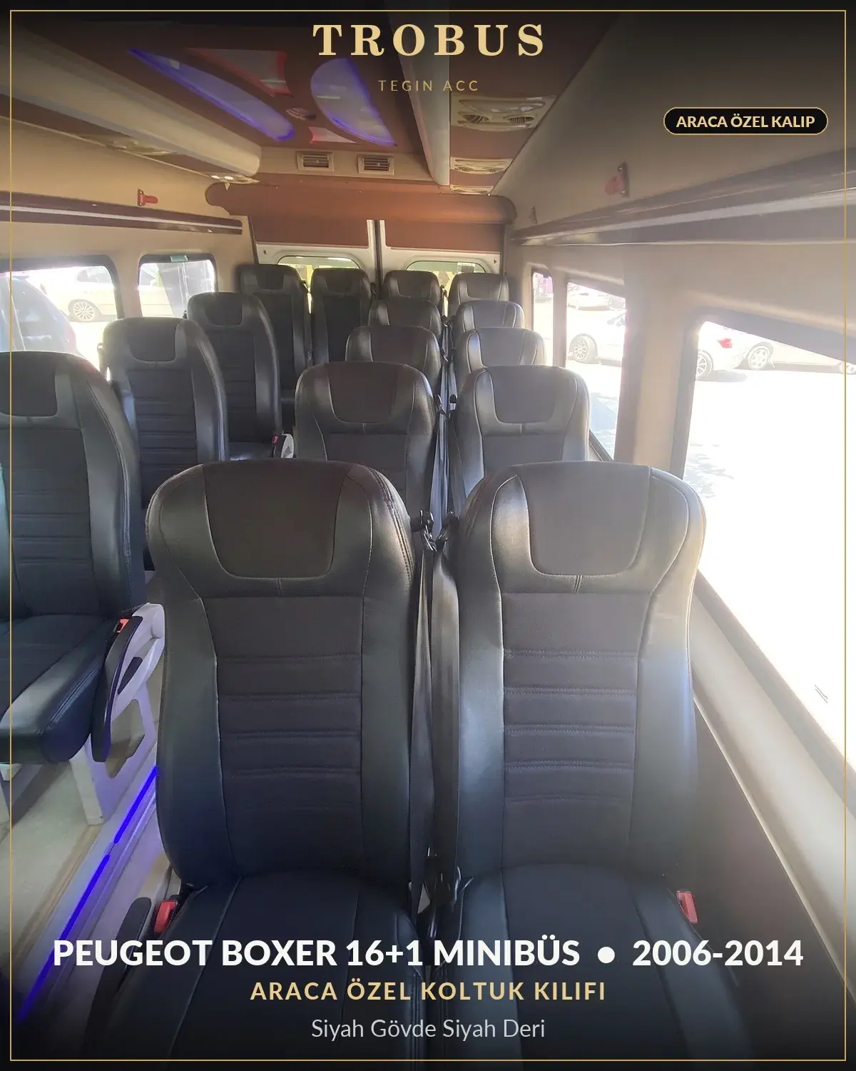Peugeot Boxer 2006-2014 16+1 Minibüs Araca Özel Koltuk Kılıfı Siyah Gövde Siyah Deri (1)