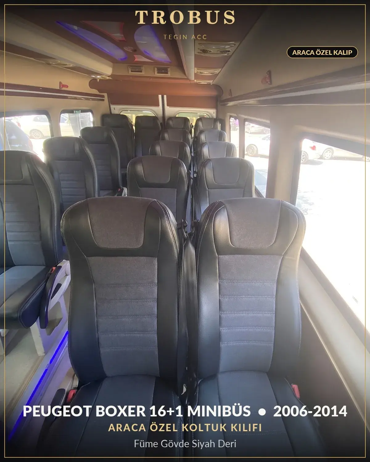 Peugeot Boxer 2006-2014 16+1 Minibüs Araca Özel Koltuk Kılıfı Füme Gövde Siyah Deri (1)