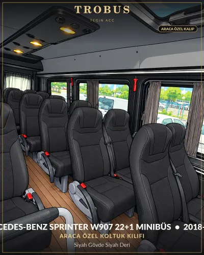 Mercedes-Benz Sprinter W907 2018-2026 22+1 Minibüs Araca Özel Koltuk Kılıfı Siyah Gövde Siyah Deri