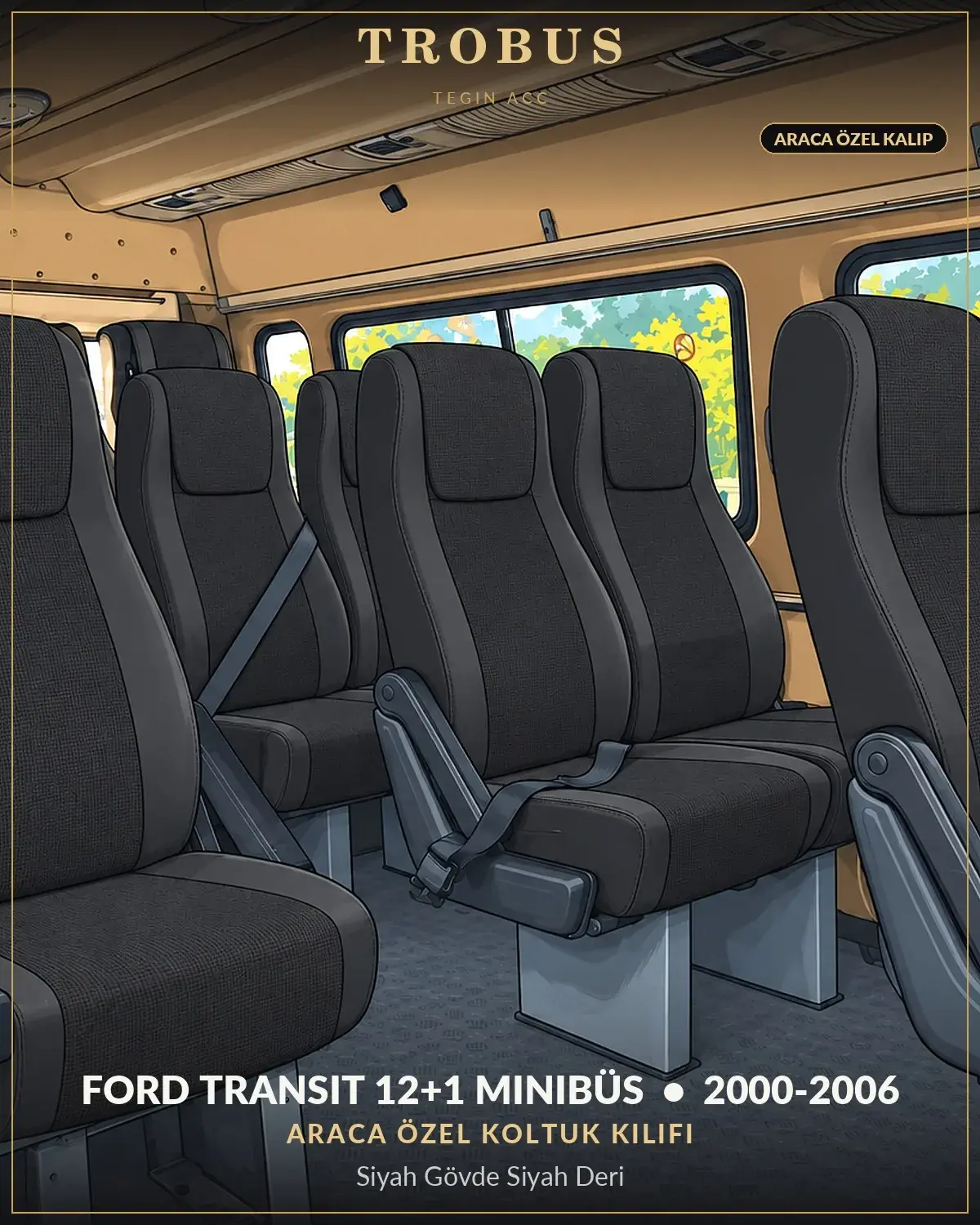 Ford Transit 2000-2006 12+1 Minibüs Araca Özel Koltuk Kılıfı Siyah Gövde Siyah Deri (1)