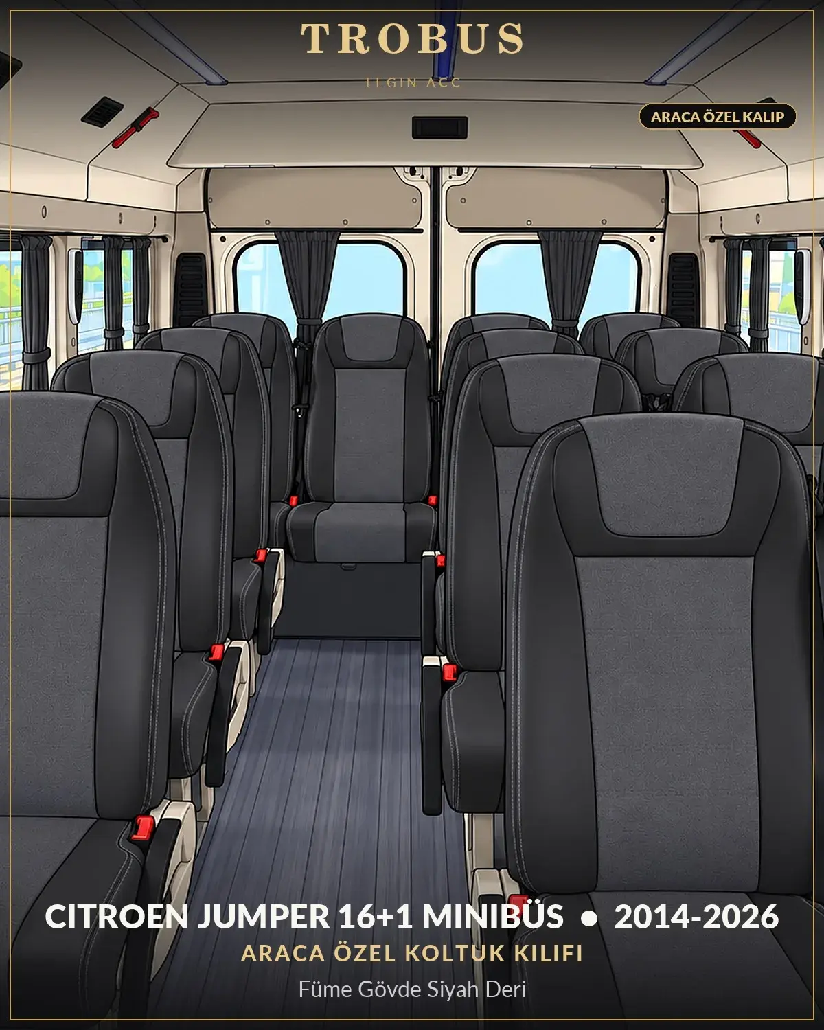 Citroen Jumper 2014-2026 16+1 Minibüs Araca Özel Koltuk Kılıfı Füme Gövde Siyah Deri (1)