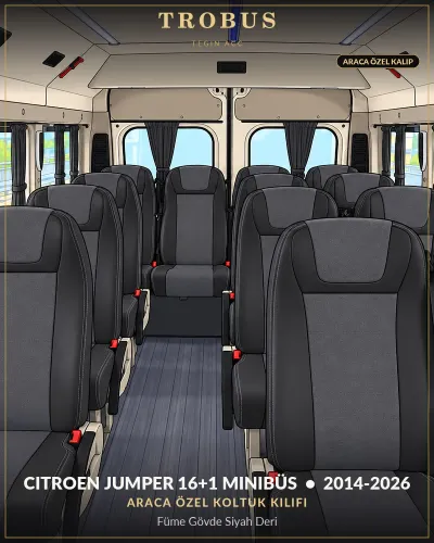 Citroen Jumper 2014-2026 16+1 Minibüs Araca Özel Koltuk Kılıfı Füme Gövde Siyah Deri