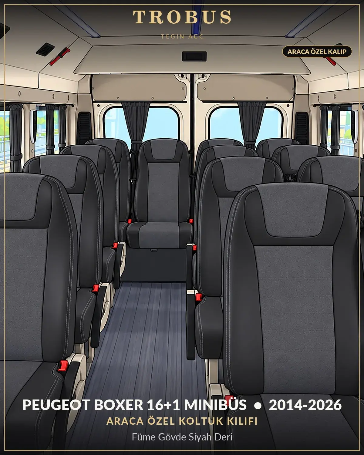 Peugeot Boxer 2014-2026 16+1 Minibüs Araca Özel Koltuk Kılıfı Füme Gövde Siyah Deri (1)