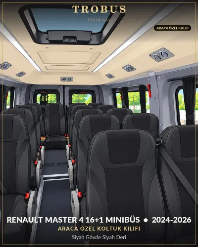 Renault Master 4 2024-2026 16+1 Minibüs Araca Özel Koltuk Kılıfı Siyah Gövde Siyah Deri