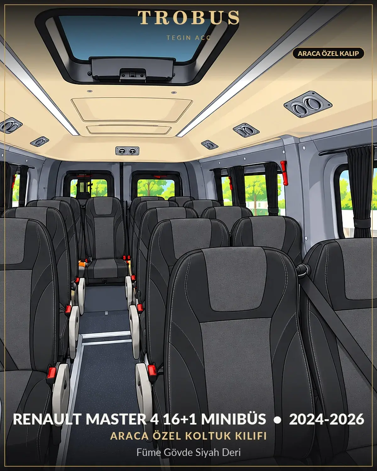 Renault Master 4 2024-2026 16+1 Minibüs Araca Özel Koltuk Kılıfı Füme Gövde Siyah Deri (1)