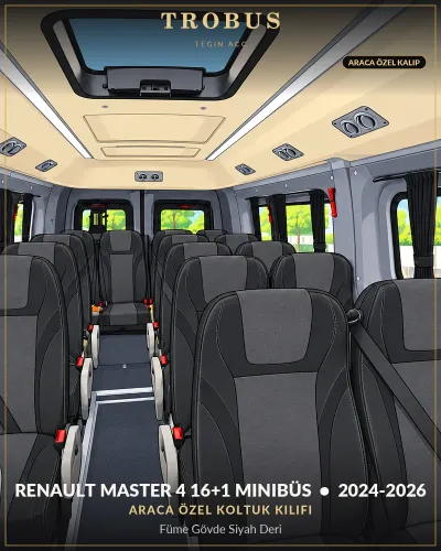 Renault Master 4 2024-2026 16+1 Minibüs Araca Özel Koltuk Kılıfı Füme Gövde Siyah Deri
