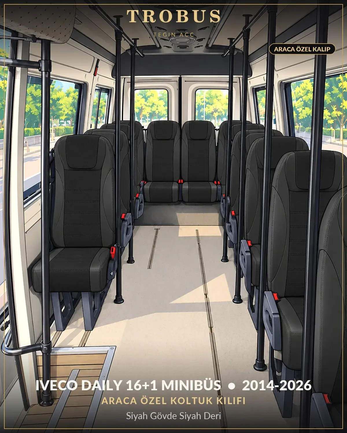 Iveco Daily 2014-2026 16+1 Minibüs Araca Özel Koltuk Kılıfı Siyah Gövde Siyah Deri (1)