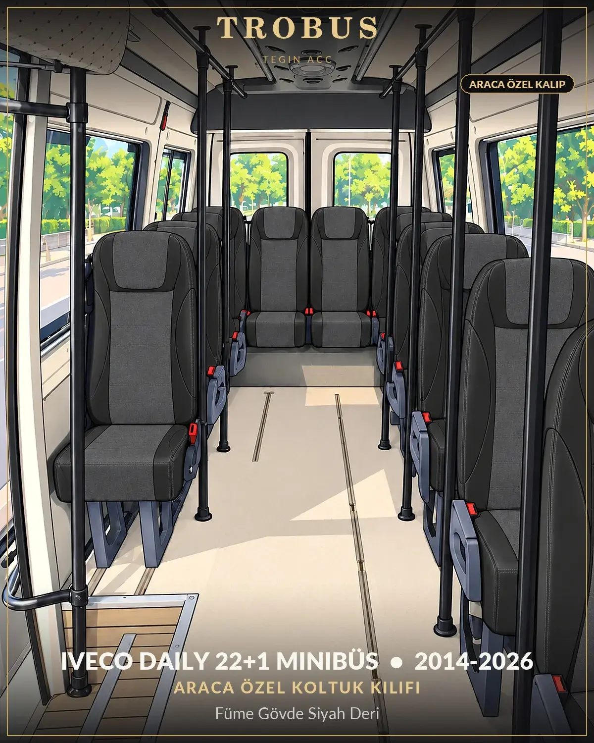 Iveco Daily 2014-2026 22+1 Minibüs Araca Özel Koltuk Kılıfı Füme Gövde Siyah Deri (1)
