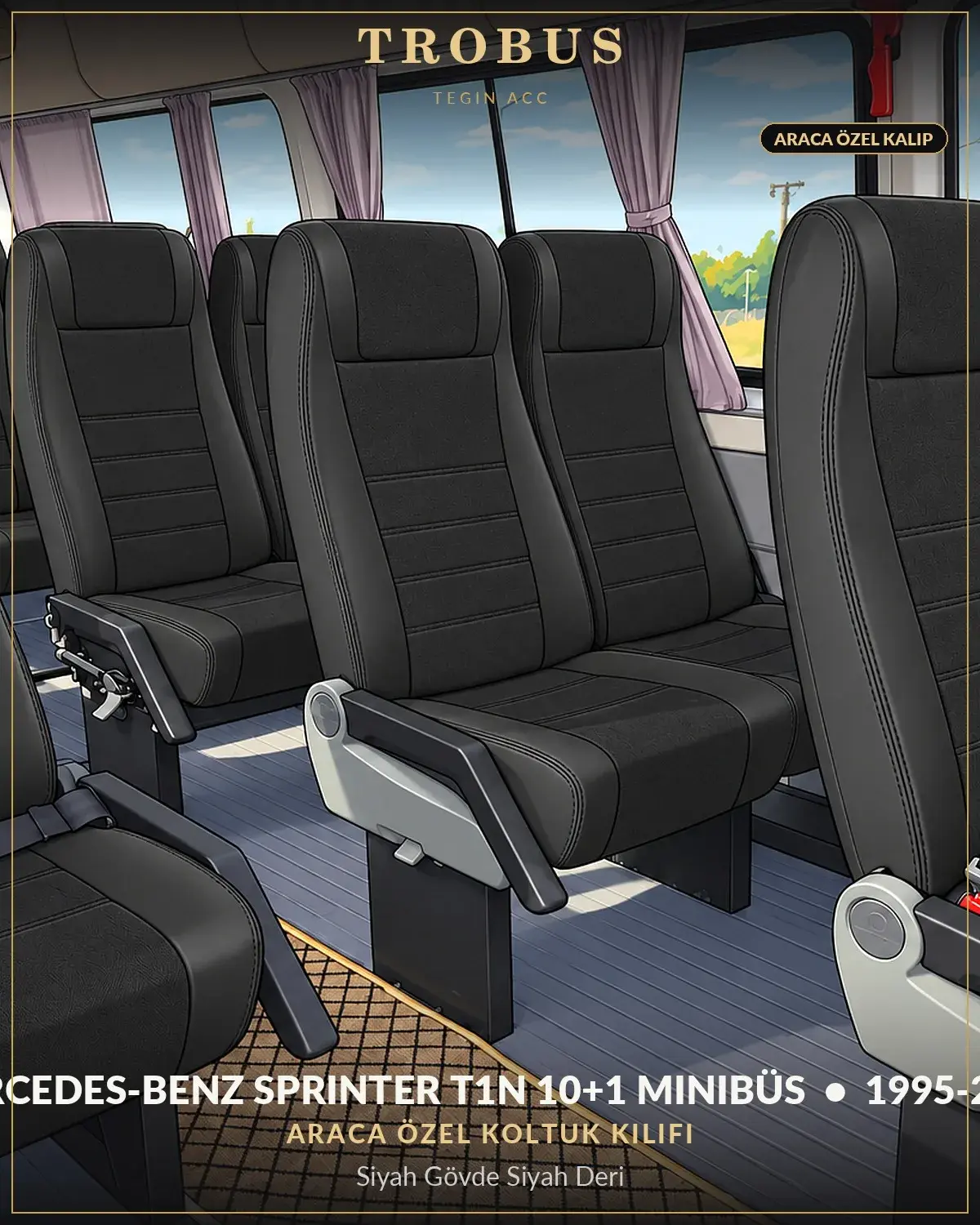 Mercedes-Benz Sprinter T1N 1995-2006 10+1 Minibüs Araca Özel Koltuk Kılıfı Siyah Gövde Siyah Deri (1)