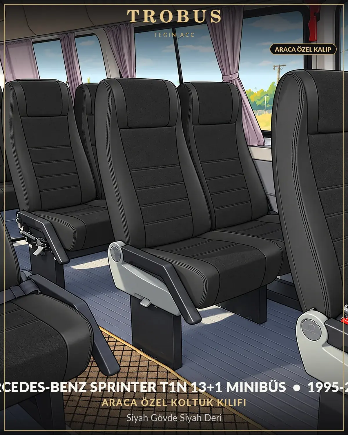 Mercedes-Benz Sprinter T1N 1995-2006 13+1 Minibüs Araca Özel Koltuk Kılıfı Siyah Gövde Siyah Deri (1)