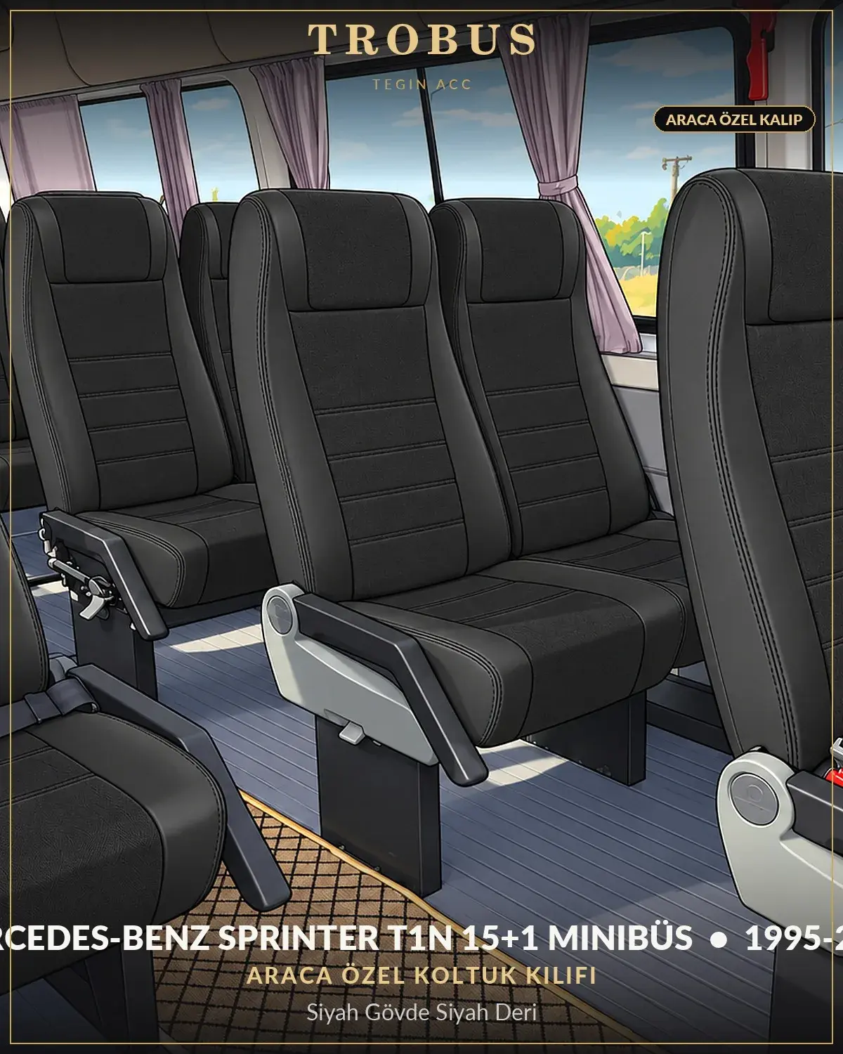 Mercedes-Benz Sprinter T1N 1995-2006 15+1 Minibüs Araca Özel Koltuk Kılıfı Siyah Gövde Siyah Deri (1)