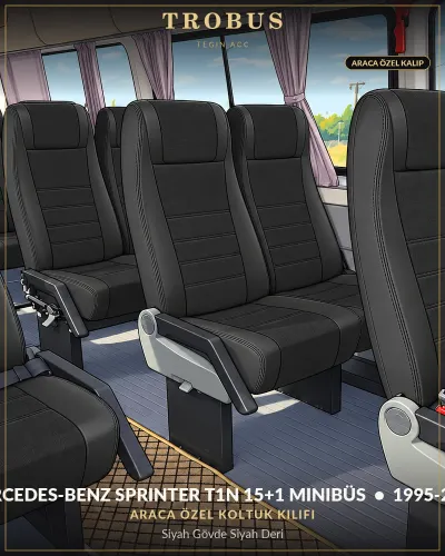 Mercedes-Benz Sprinter T1N 1995-2006 15+1 Minibüs Araca Özel Koltuk Kılıfı Siyah Gövde Siyah Deri
