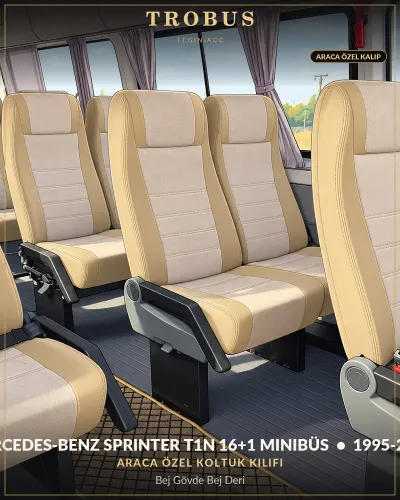 Mercedes-Benz Sprinter T1N 1995-2006 16+1 Minibüs Araca Özel Koltuk Kılıfı Bej Gövde Bej Deri