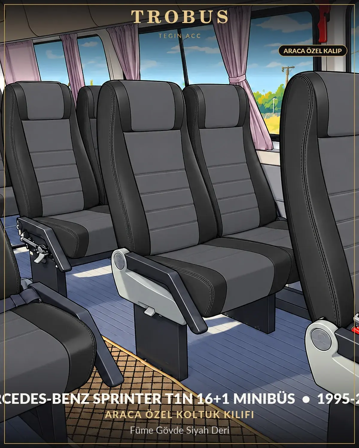Mercedes-Benz Sprinter T1N 1995-2006 16+1 Minibüs Araca Özel Koltuk Kılıfı Füme Gövde Siyah Deri (1)