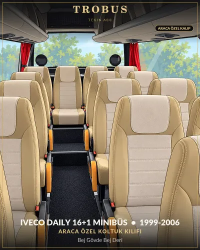 Iveco Daily 1999-2006 16+1 Minibüs Araca Özel Koltuk Kılıfı Bej Gövde Bej Deri