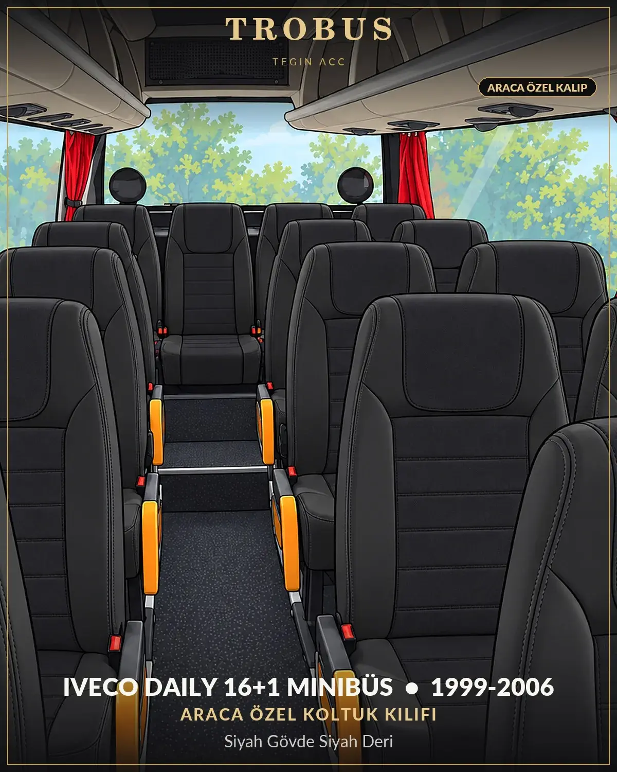 Iveco Daily 1999-2006 16+1 Minibüs Araca Özel Koltuk Kılıfı Siyah Gövde Siyah Deri (1)