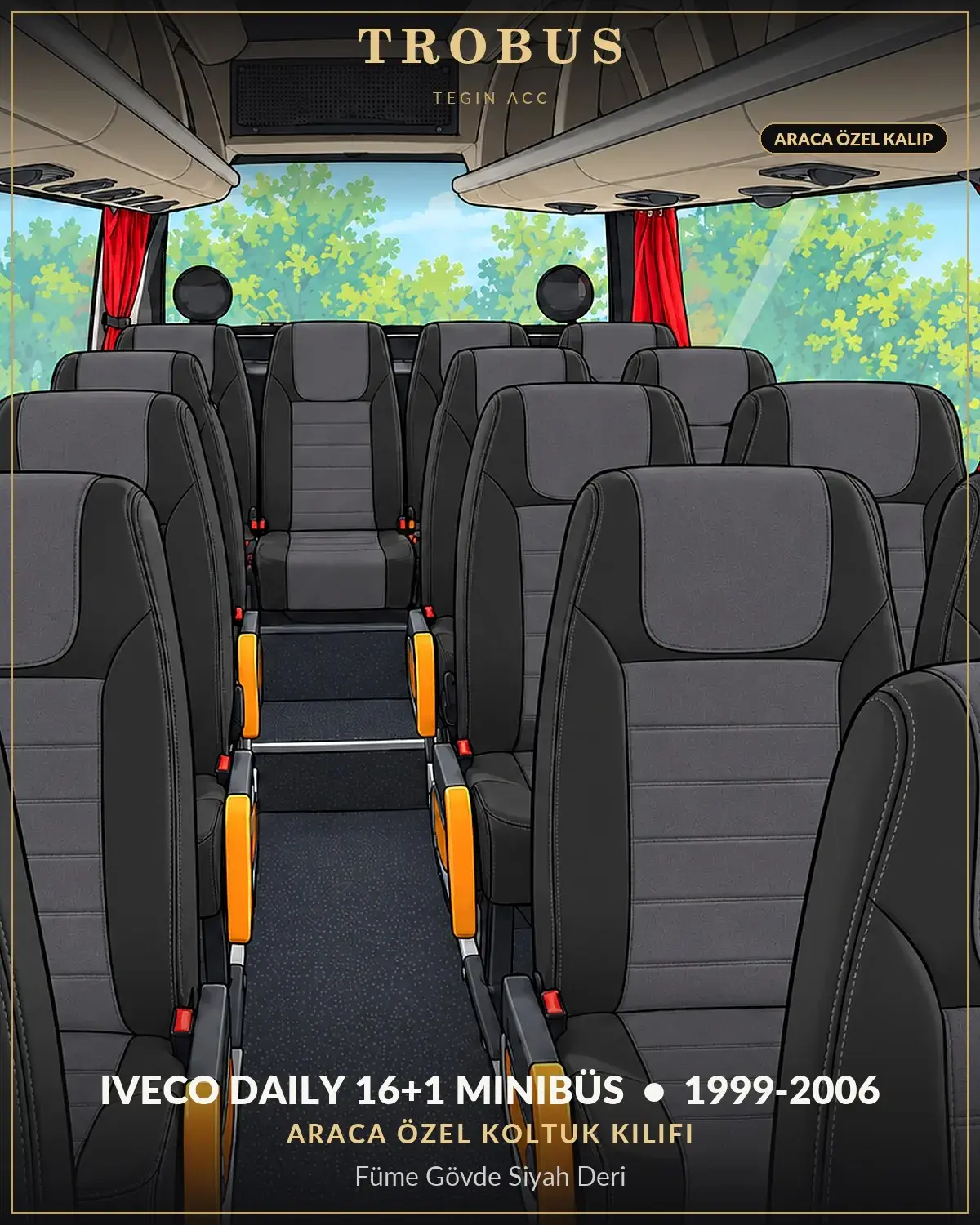 Iveco Daily 1999-2006 16+1 Minibüs Araca Özel Koltuk Kılıfı Füme Gövde Siyah Deri (1)