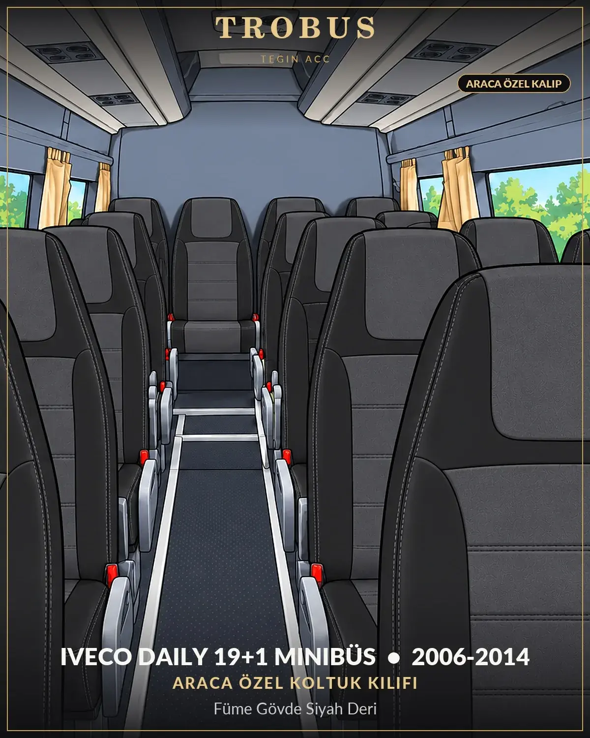 Iveco Daily 2006-2014 19+1 Minibüs Araca Özel Koltuk Kılıfı Füme Gövde Siyah Deri (1)
