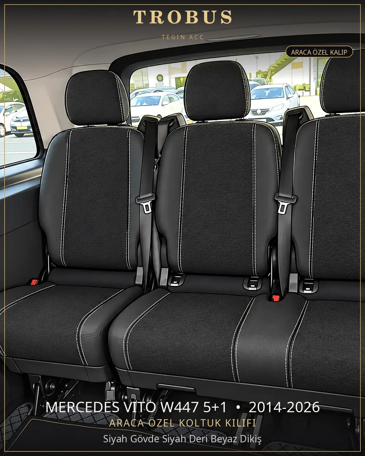 Mercedes Vito W447 5+1 2014-2026 Araca Özel Koltuk Kılıfı Siyah Gövde Siyah Deri Beyaz Dikiş (1)