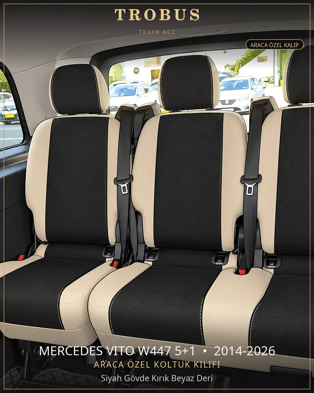 Mercedes Vito W447 5+1 2014-2026 Araca Özel Koltuk Kılıfı Siyah Gövde Kırık Beyaz Deri (1)