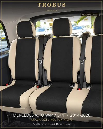 Mercedes Vito W447 5+1 2014-2026 Araca Özel Koltuk Kılıfı Siyah Gövde Kırık Beyaz Deri