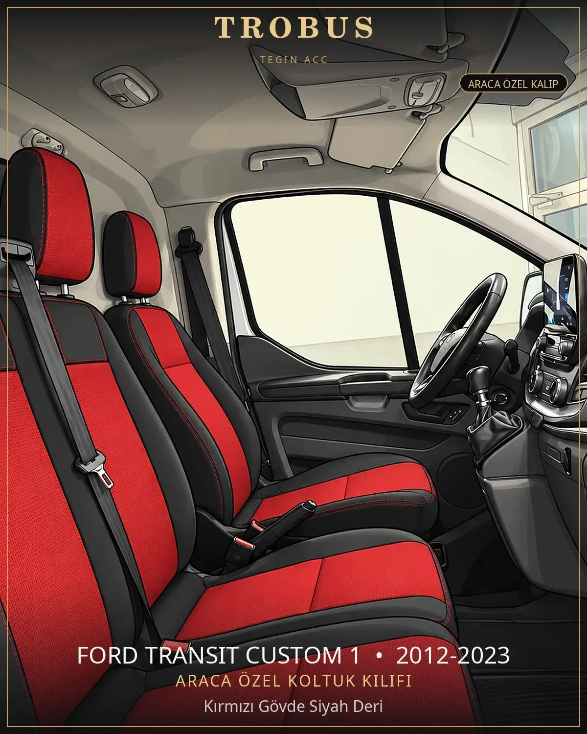 Ford Transit Custom 1 2012-2023 Araca Özel Koltuk Kılıfı Kırmızı Gövde Siyah Deri (1)
