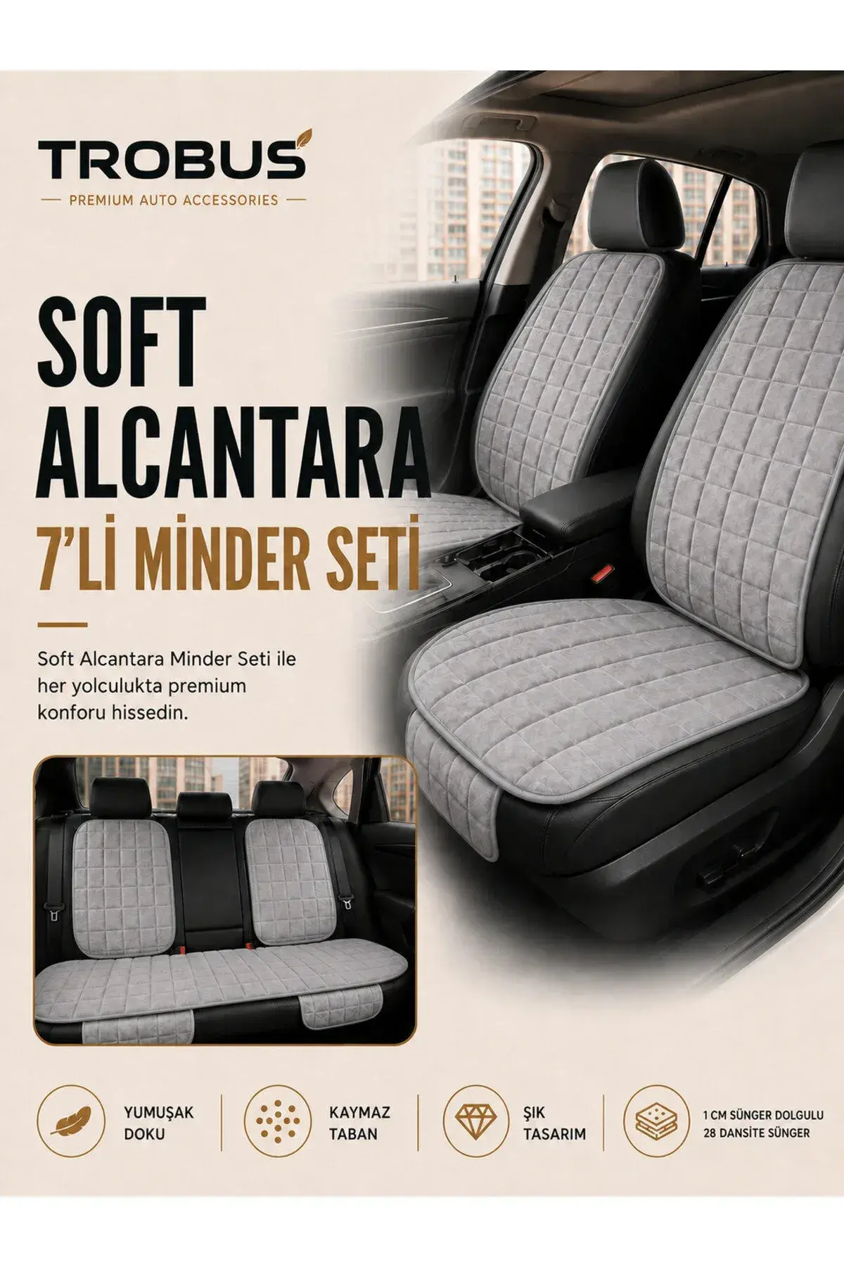 Üniversal Soft Alcantara Kare Desen 7'li Oto Koltuk Minderi Gri (1)
