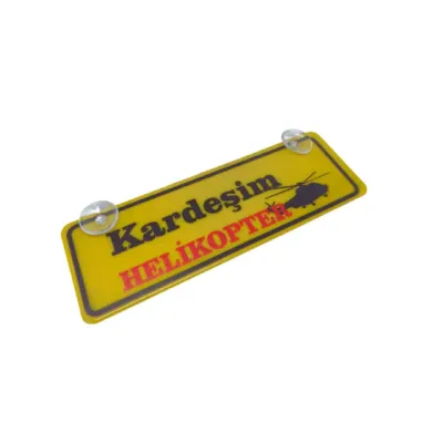 Vantuzlu Dekor Plaka Cam Süsü Kardeşim Helikopter Yazılı 22x7,5 cm Sarı