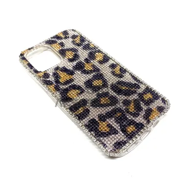 iPhone 12 Uyumlu Leopar Desenli Silikon Telefon Kılıfı Kristal Taşlı