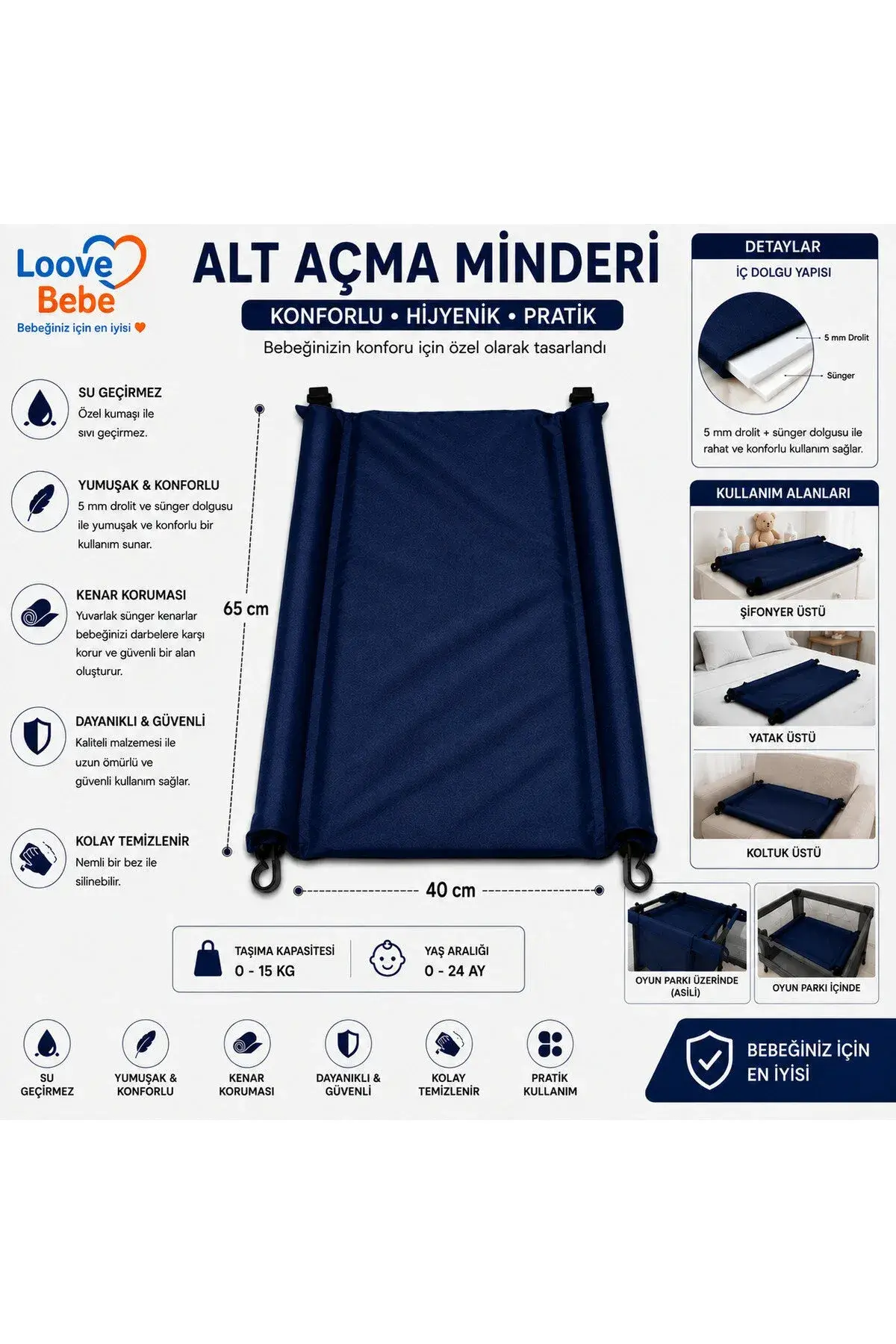 BEBEK ALT AÇMA MİNDERİ BAKIM ÖRTÜSÜ SİLENEBİLİR KOLAY KULLANIM 65 X40 CM — Lacivert