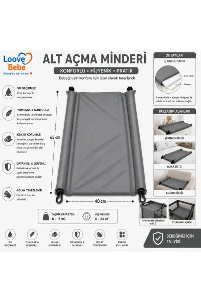 BEBEK ALT AÇMA MİNDERİ BAKIM ÖRTÜSÜ SİLENEBİLİR KOLAY KULLANIM 65 X40 CM — Gri