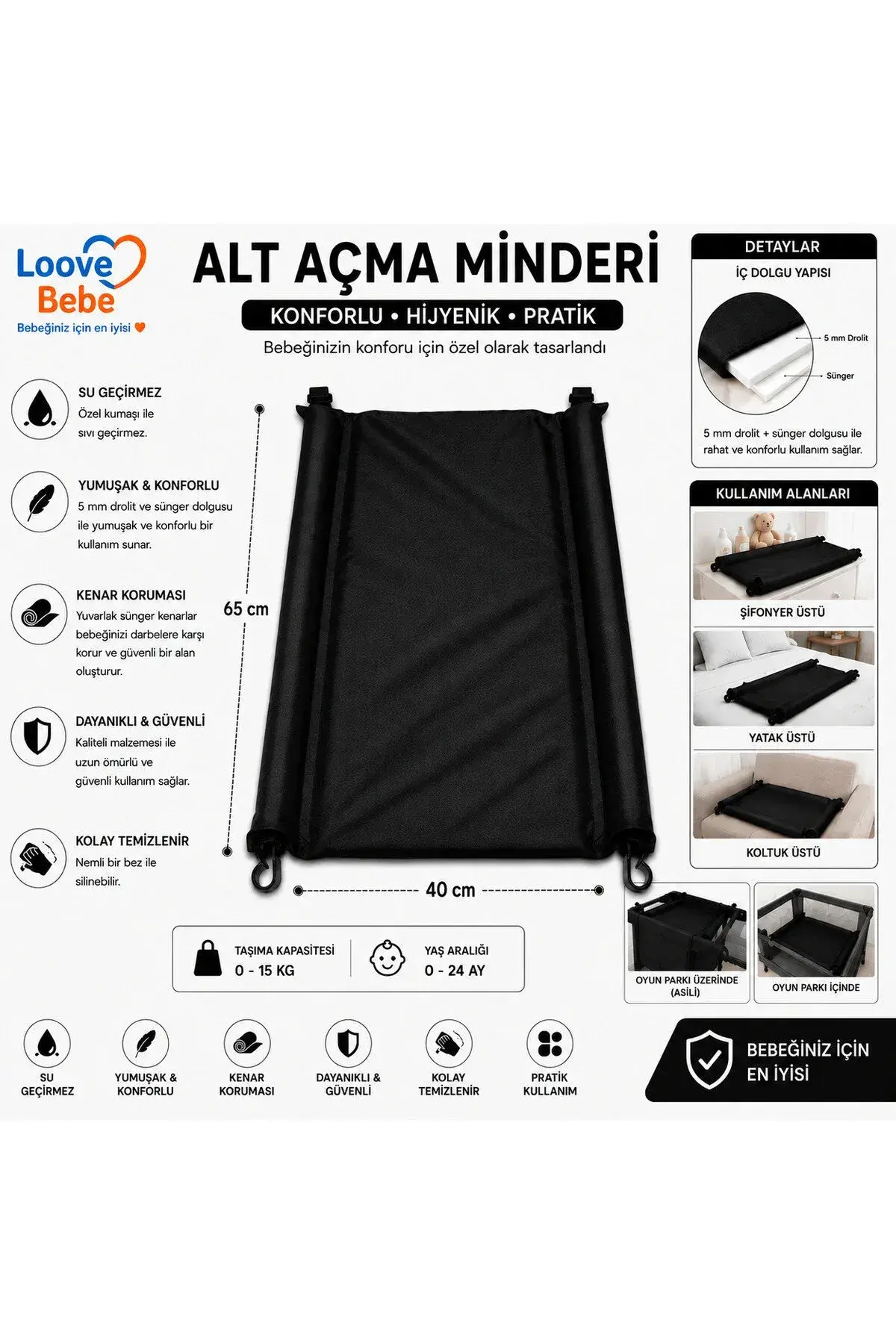 BEBEK ALT AÇMA MİNDERİ BAKIM ÖRTÜSÜ SİLENEBİLİR KOLAY KULLANIM 65 X40 CM — Siyah