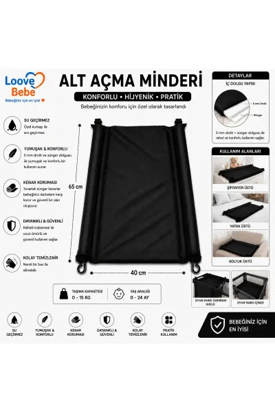 BEBEK ALT AÇMA MİNDERİ BAKIM ÖRTÜSÜ SİLENEBİLİR KOLAY KULLANIM 65 X40 CM — Siyah