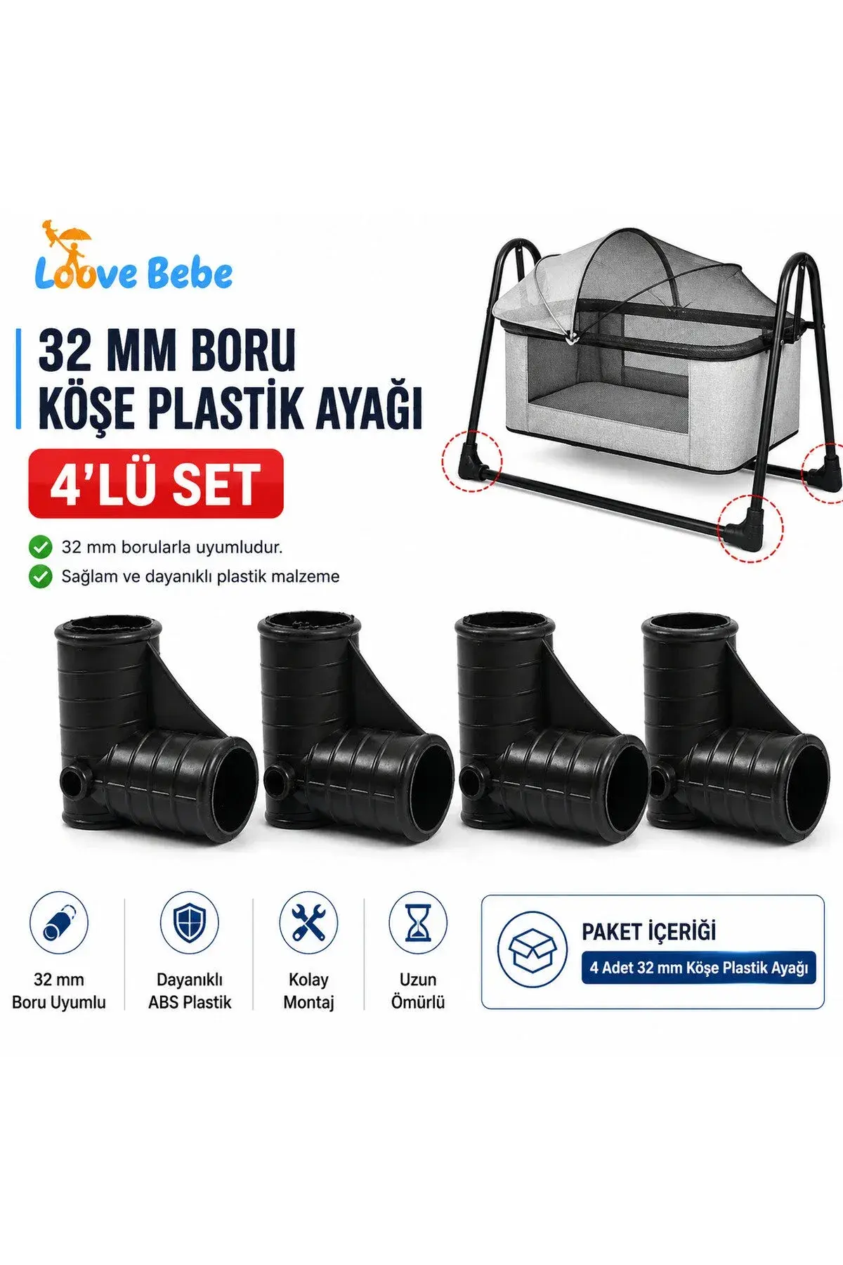 32 Lik 4 Adet Sağlam Plastik Bebek Beşik Köşe Ayağı Salıncak Ayağı Boru Birleştirme — Siyah
