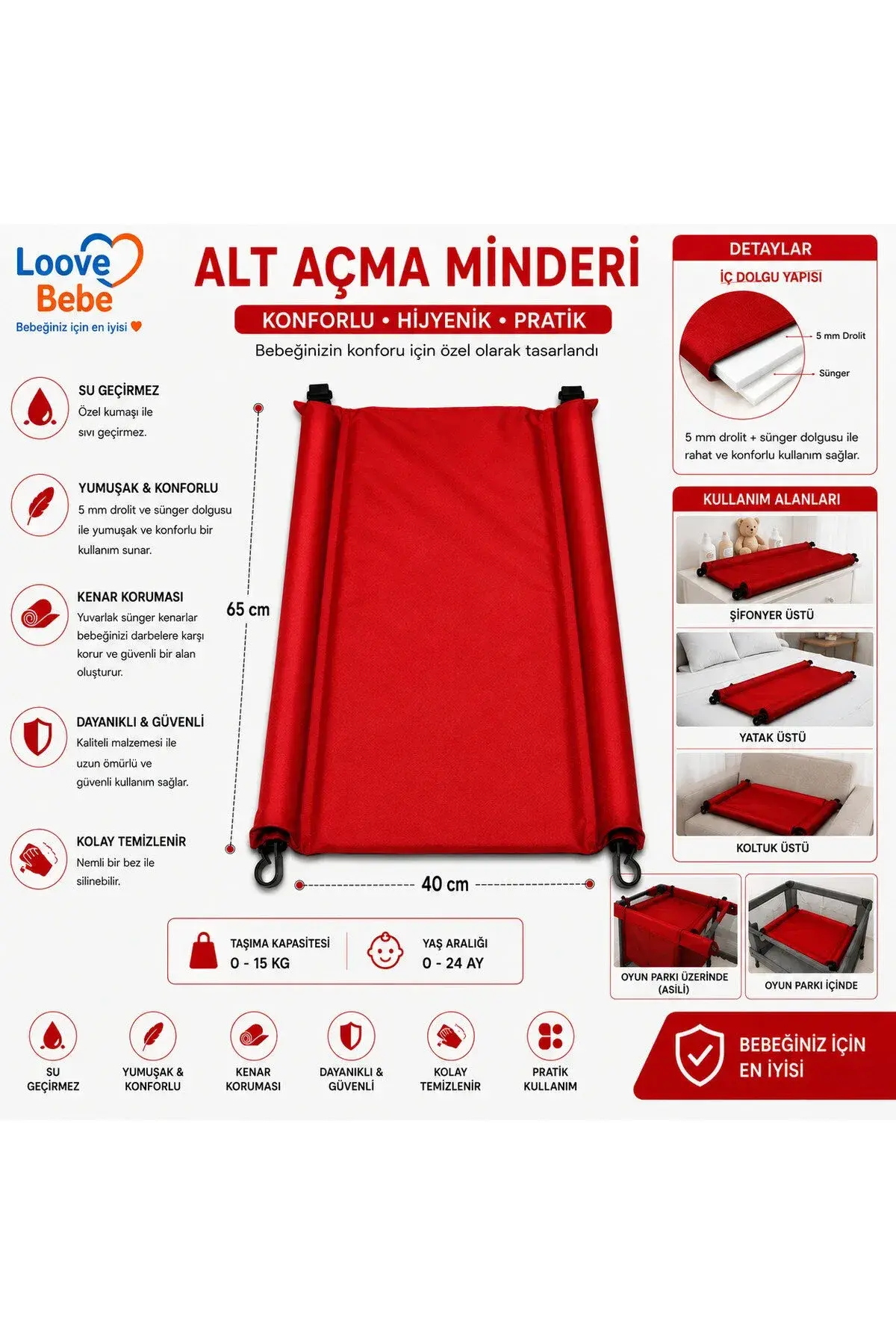 BEBEK ALT AÇMA MİNDERİ BAKIM ÖRTÜSÜ SİLENEBİLİR KOLAY KULLANIM 65 X40 CM — Kırmızı