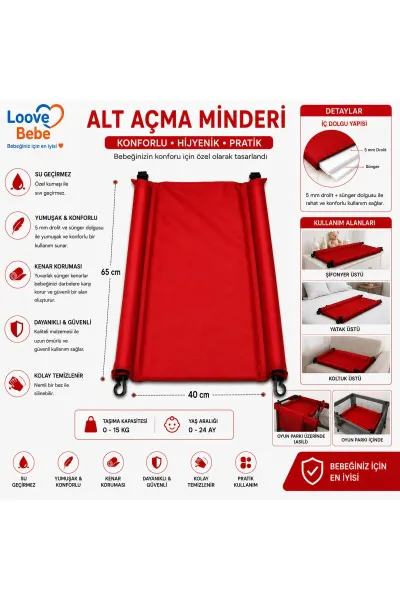 BEBEK ALT AÇMA MİNDERİ BAKIM ÖRTÜSÜ SİLENEBİLİR KOLAY KULLANIM 65 X40 CM — Kırmızı