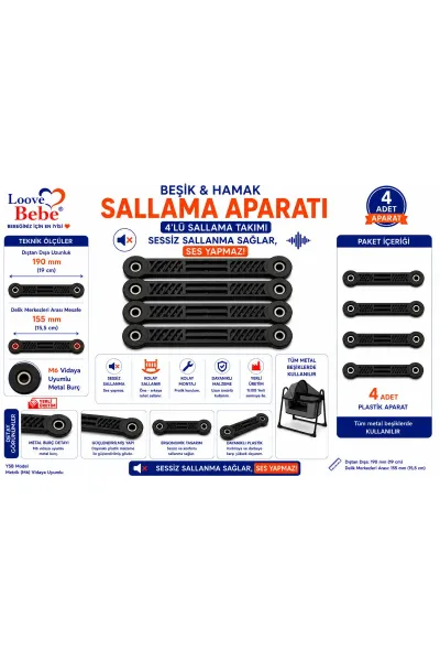 METAL BEŞİK SALLAMA APARATI SES YAPMAZ dıştan dışa 19 cm delik merkezleri 15,5 cm M6 Vida için kullanılır — Siyah VİDASIZ