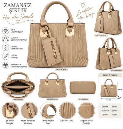 Larin Çanta Kadın Pudra Renk Dikey Desenli Gold Detaylı Omuz Çantası