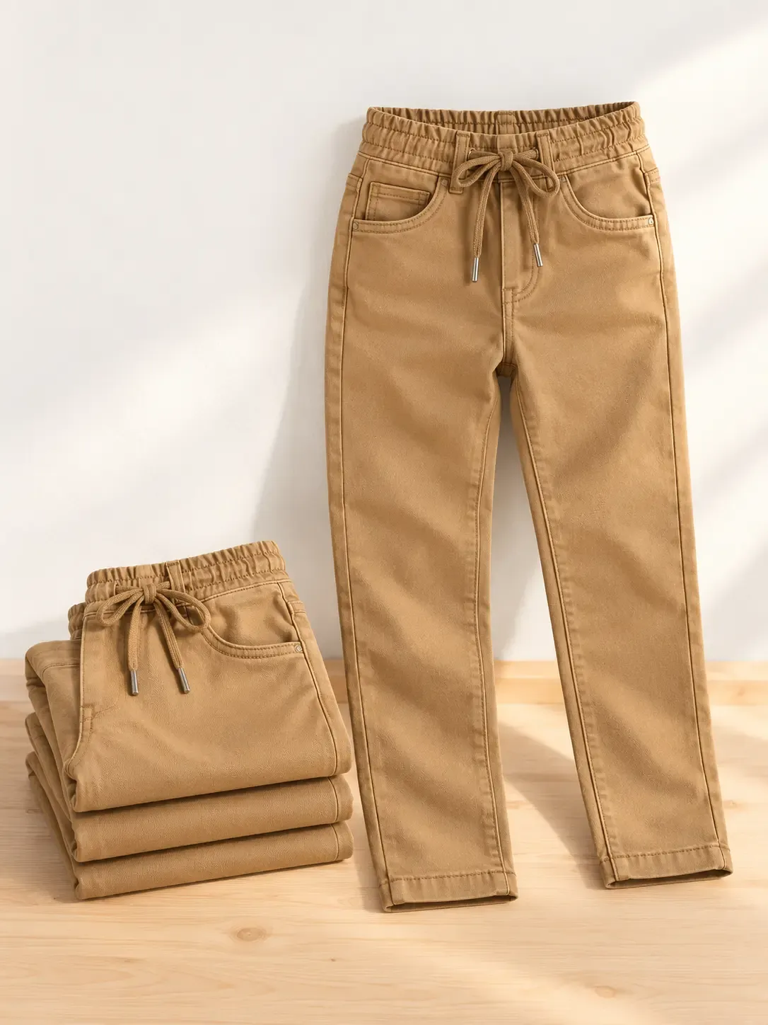 Camel renk beli lastikli okul pantolonu