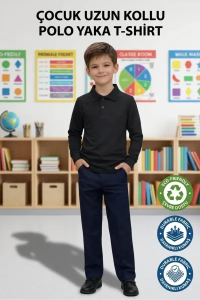 Unisex Kız Erkek Çocuk Polo Yaka Pamuklu Uzun Kol Siyah Günlük Basic Okul Tişört