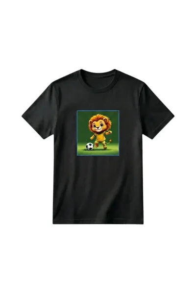 Unisex Kız Erkek Çocuk Baskılı Bisiklet Yaka Kısa Kollu Pamuklu Günlük T-Shirt — SOCCER PLAYING LION SİYAH