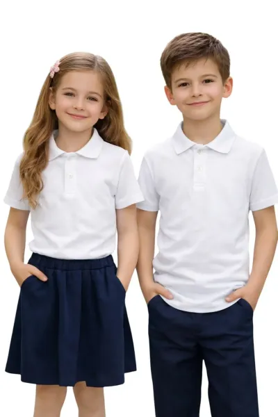 Unisex Kız Erkek Çocuk Polo Yaka Pamuklu Kısa Kol Beyaz Günlük Basic Okul Tişört