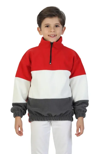 Unisex Kız-Erkek Çocuk Dik Yaka Fermuarlı Sweatshirt-Kazak Beli Lastikli Çok Renkli Kışlık Polar — Kırmızı-Ekru-Gri