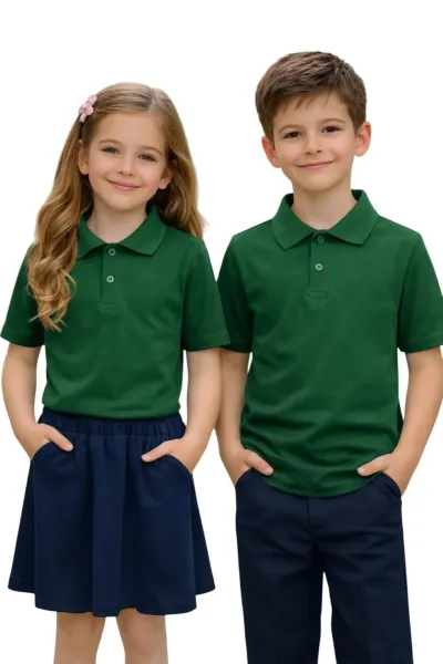Unisex Kız Erkek Çocuk Polo Yaka Pamuklu Kısa Kol Nefti Yeşil Günlük Basic Okul Tişört