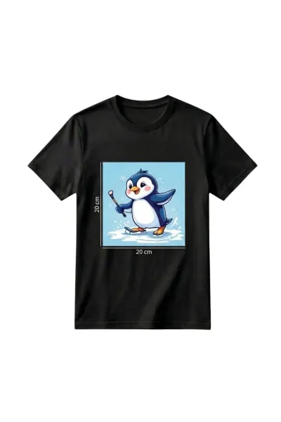 Unisex Kız Erkek Çocuk Baskılı Bisiklet Yaka Kısa Kollu Pamuklu Günlük T-Shirt — SKIING PENGUIN SİYAH