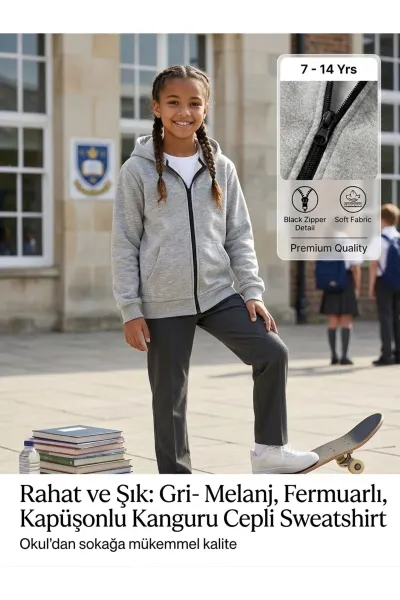 Unisex Kız Erkek Çocuk Basic 3 İplik Şardonsuz Fermuarlı Kanguru Cepli Kapüşonlu Pamuk Sweatshirt Hırka — Gri-Melanj